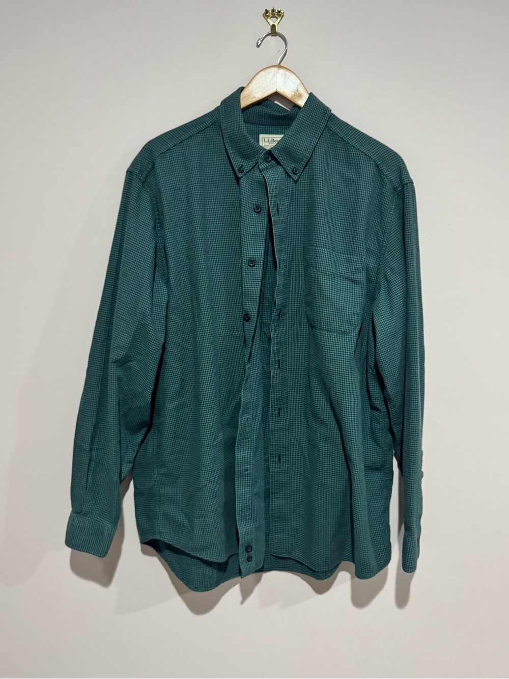 L.L. Bean Shirt Mens Large Green Wicked Good Houndstooth Long Sleeve Button Up